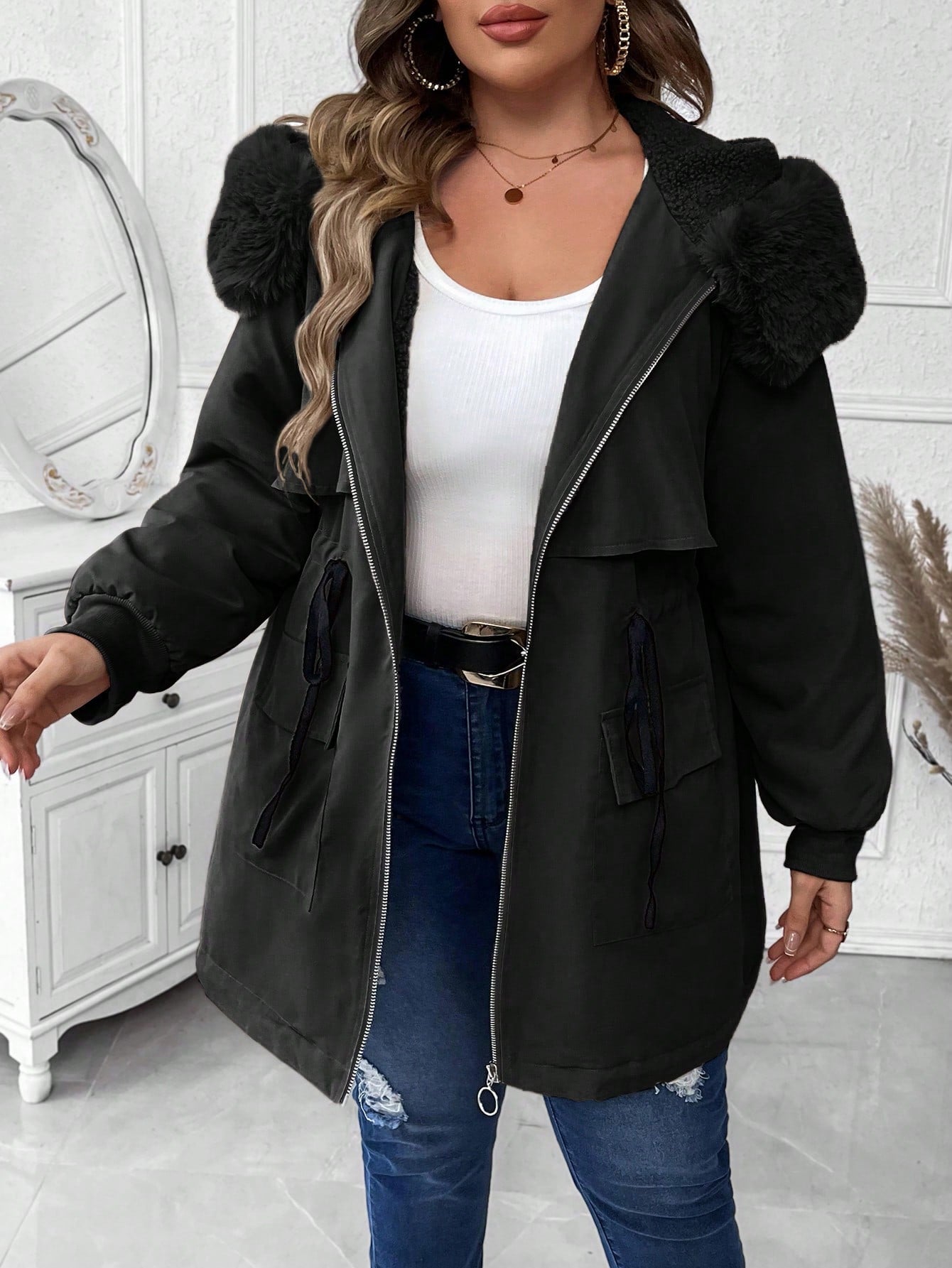 Plus Size Hooded Padded Coat With Nipped Waist And Raw Edge Details