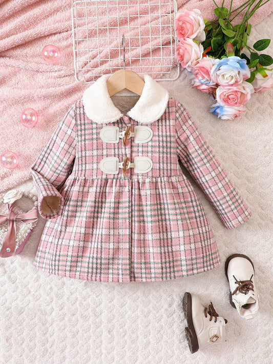 Young Girl Plaid Print Borg Collar Duffle Overcoat