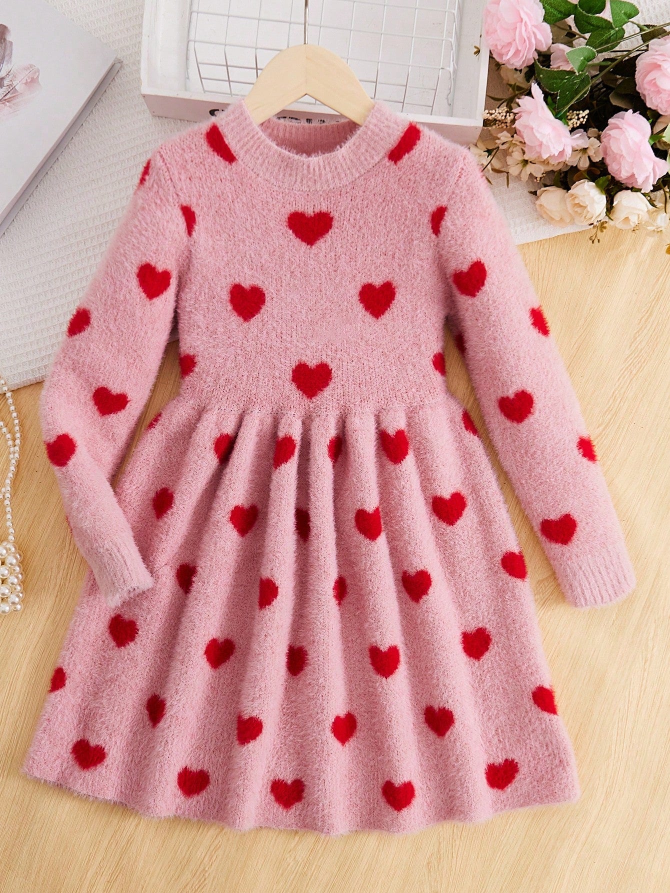 Tween Girl Heart Pattern Sweater Dress