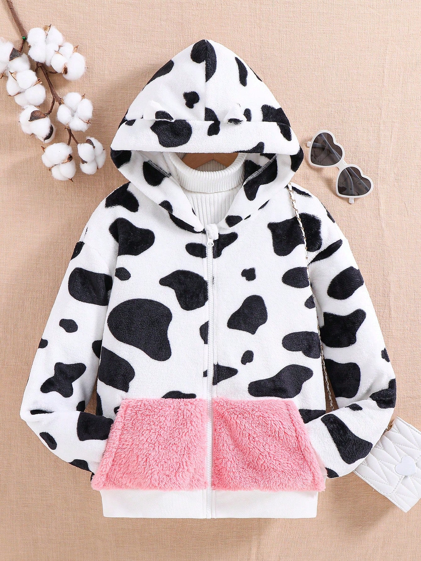 Tween Girl Cow Pattern Drop Shoulder Zipper Hooded Fuzzy Coat