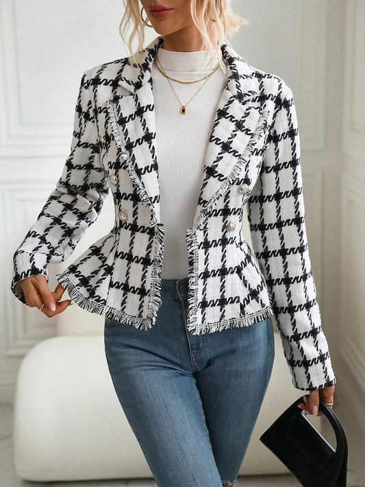 Plaid Pattern Raw Trim Tweed Blazer