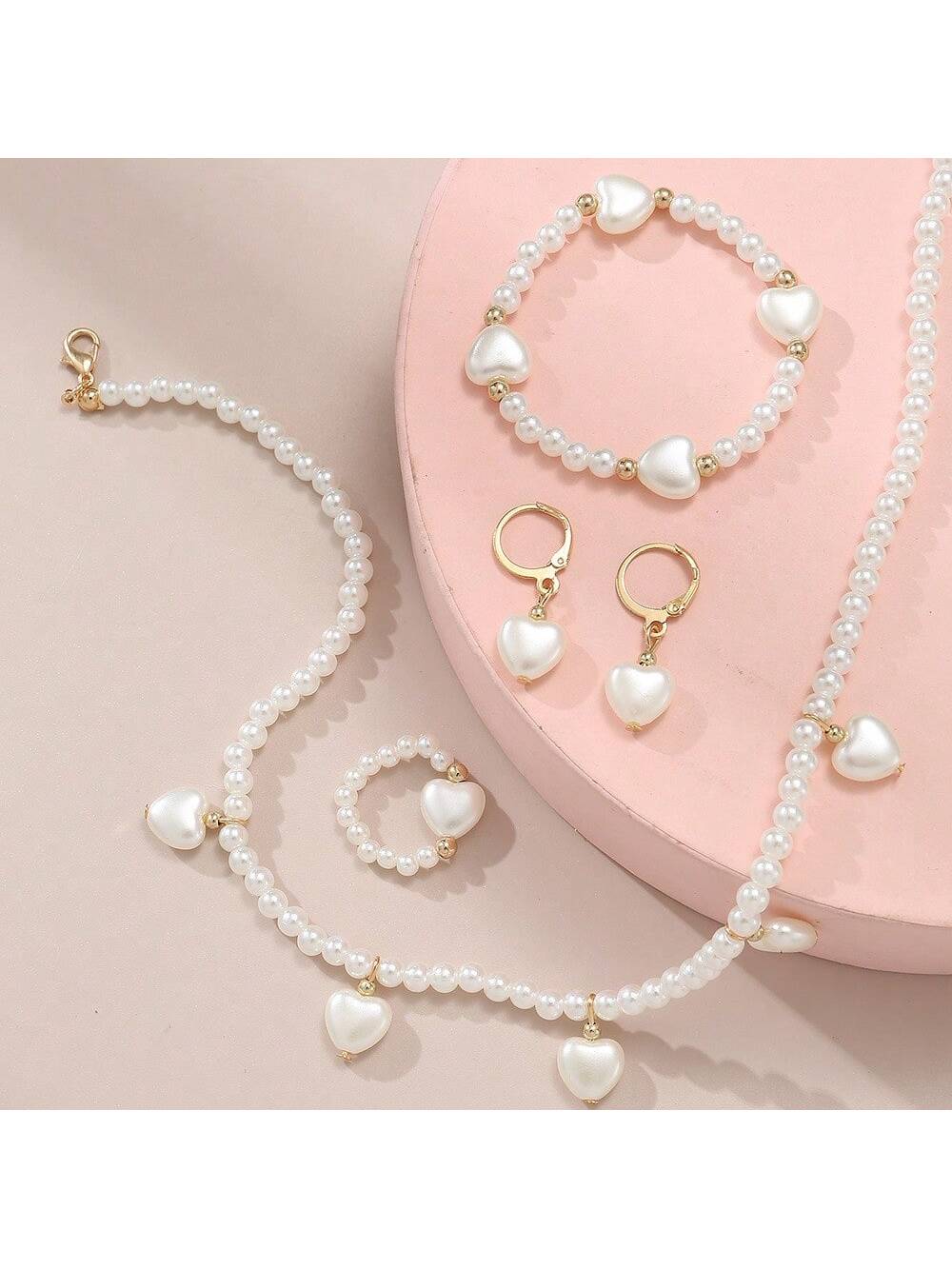 Heart Shaped Pendant & Pearl Jewelry Set For Children, Including Necklace, Bracelet, Ring And Earrings