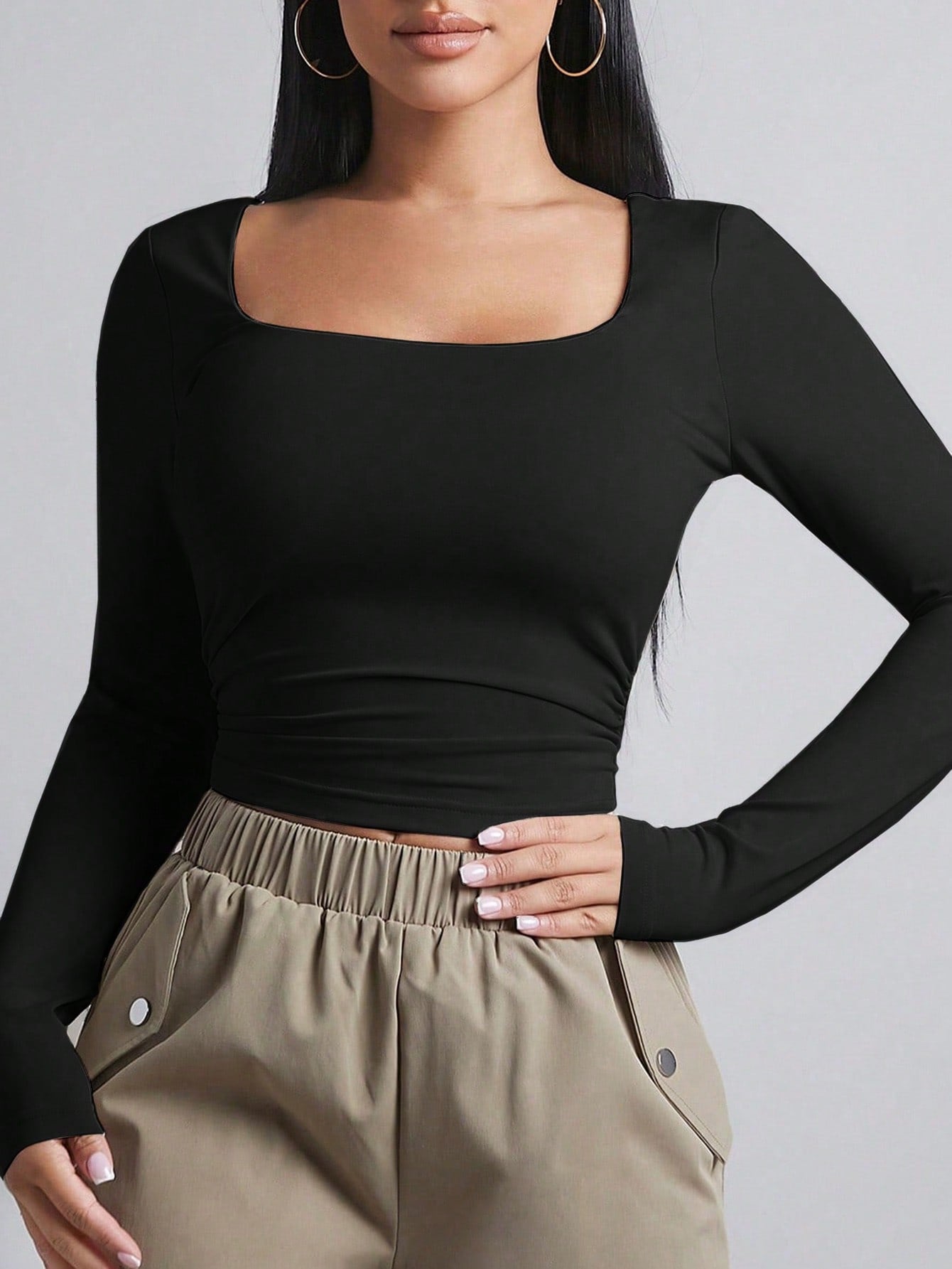 Square Neck Ruched Side Crop Tee