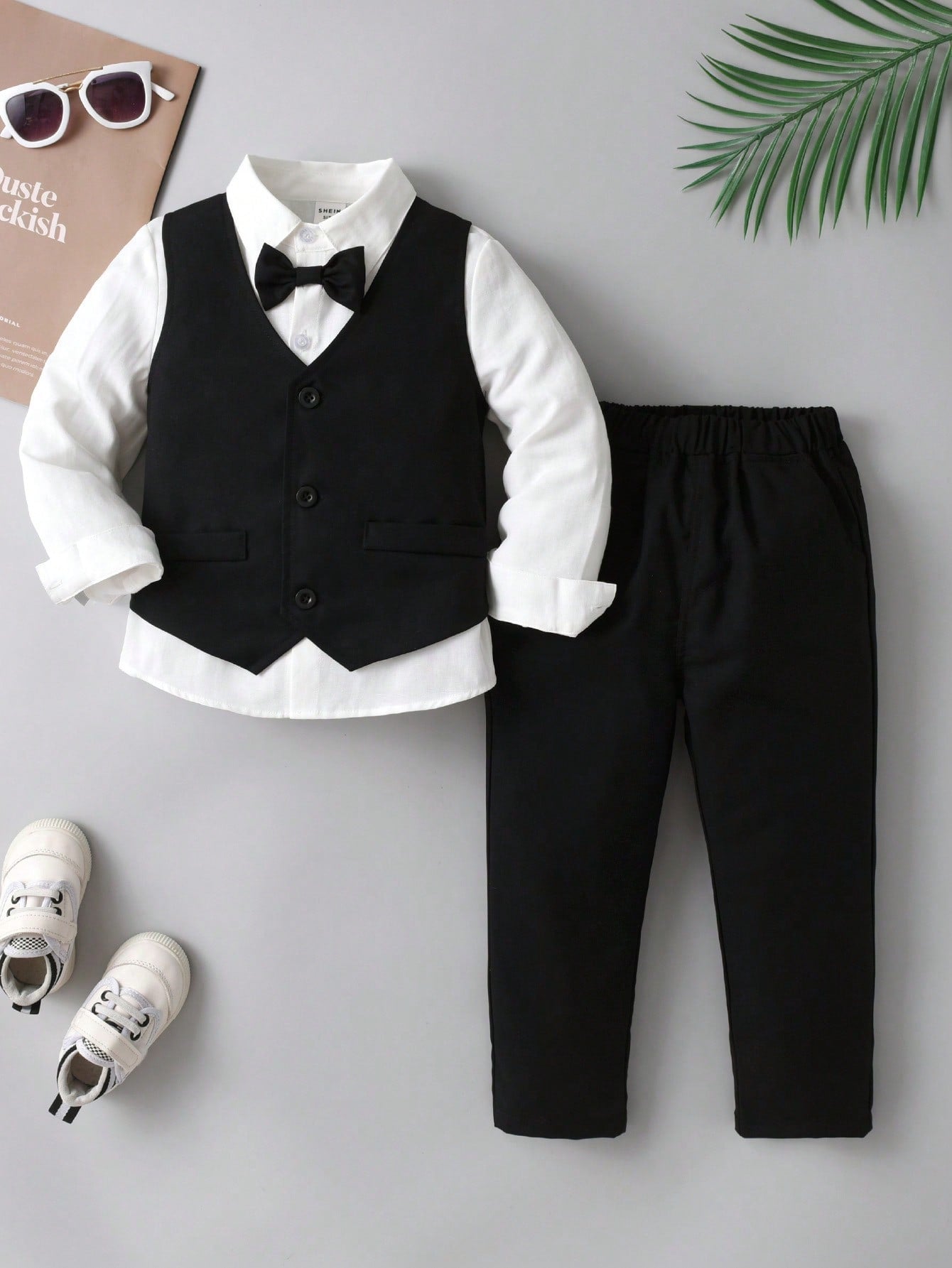 Young Boy Bow Front Shirt & Button Up Waistcoat & Pants