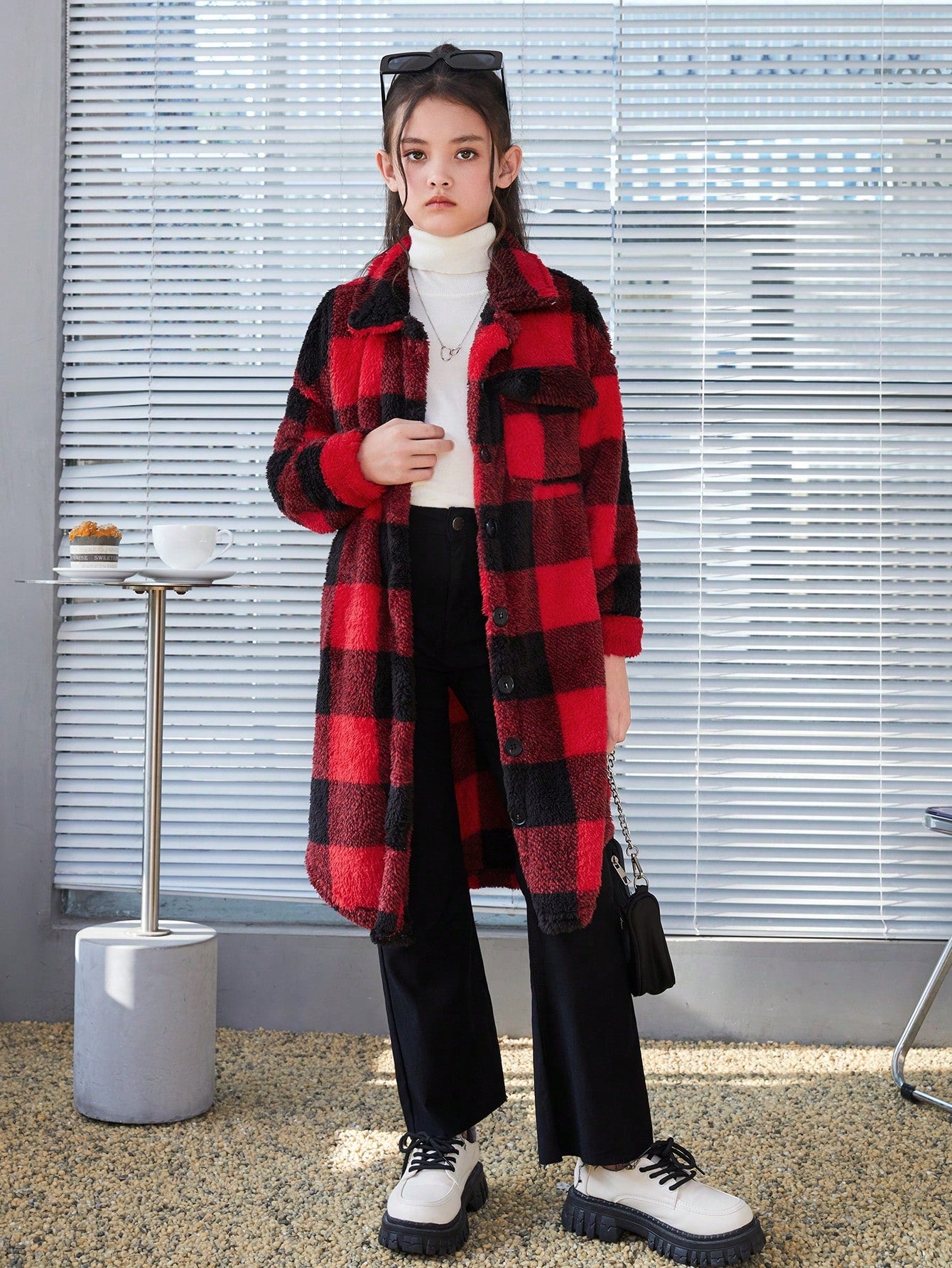 Tween Girl Double-faced Black & White Checkered Long Sleeve Lapel Casual Mid-length Coat