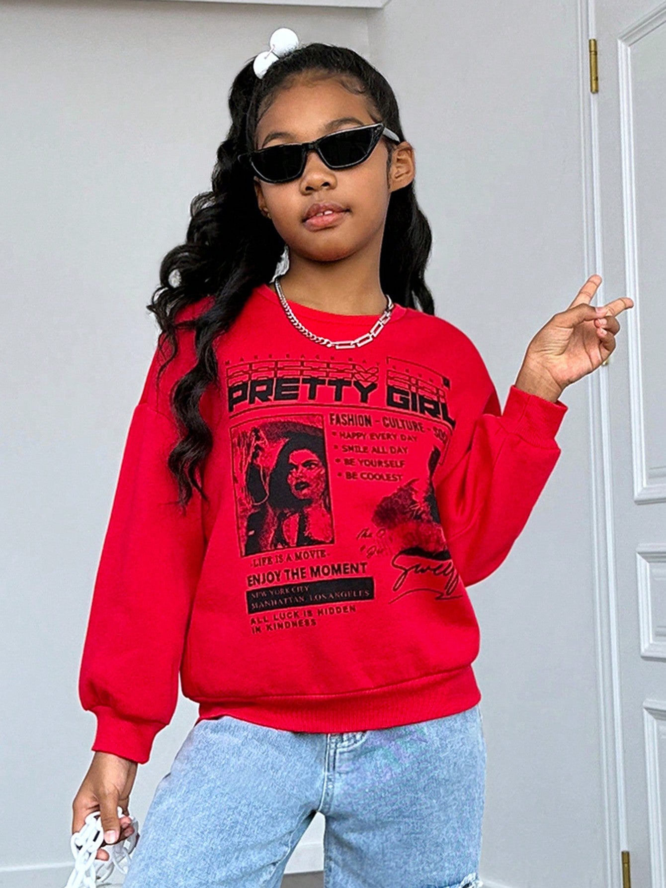 Tween Girl Slogan & Figure Graphic Drop Shoulder Pullover