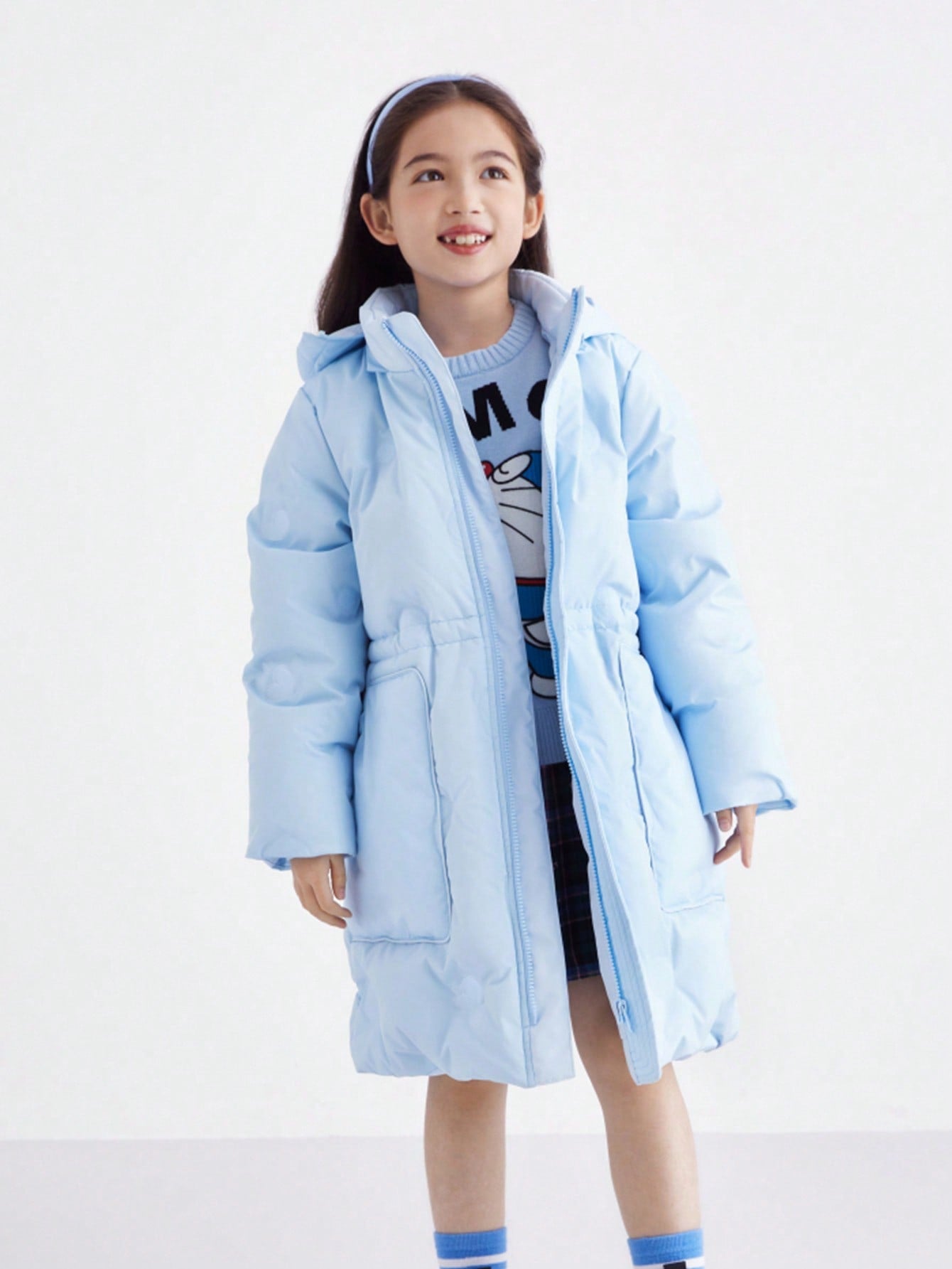 Tween Girl Clothing Mid-Length Winter Down Jacket, Thickened Warm Hooded Cold And Windproof Home Jacket (Dark Blue)