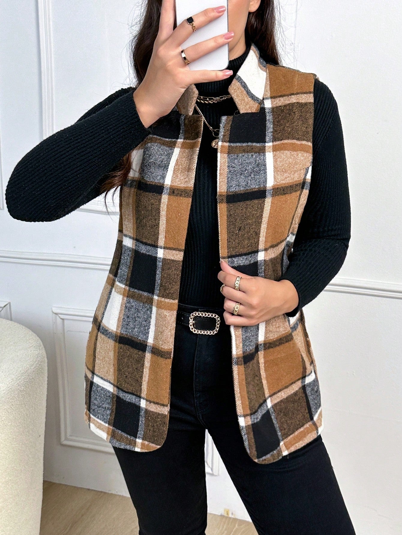 Plus Plaid Print Open Front Vest Blazer