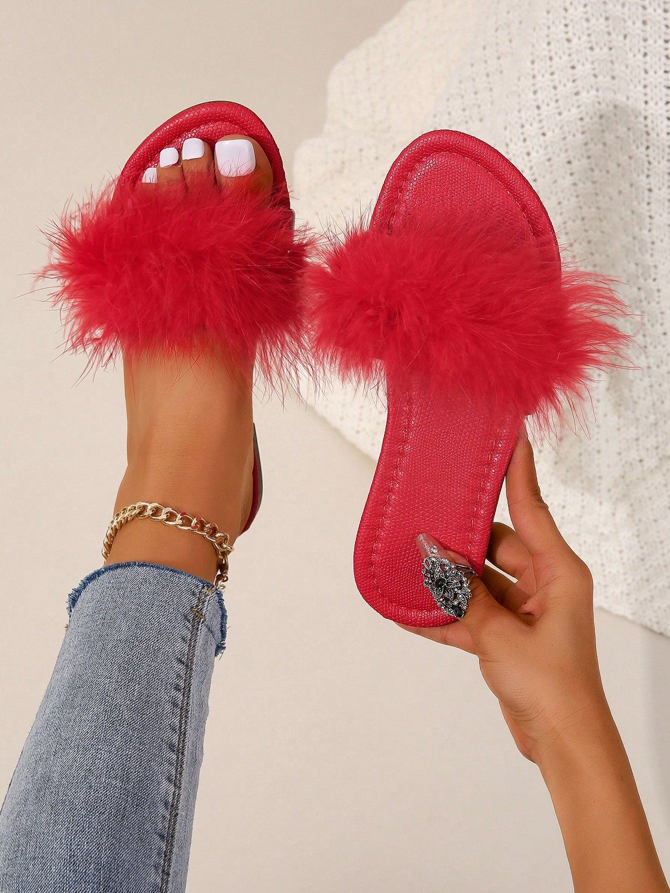 Women Plush Decor Flat Sandals, Glamorous Outdoor Pink Slide Sandals