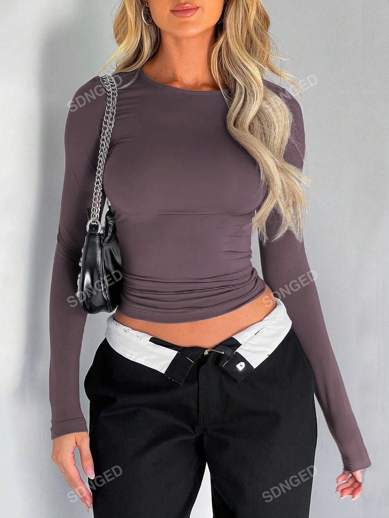 Elegant & Versatile Women's Spring Summer Solid Color Slim Fit Long Sleeve Round Neck T-Shirt