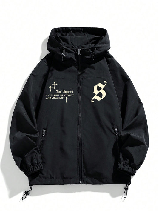 Men Slogan Graphic Drawstring Hem Hooded Jacket