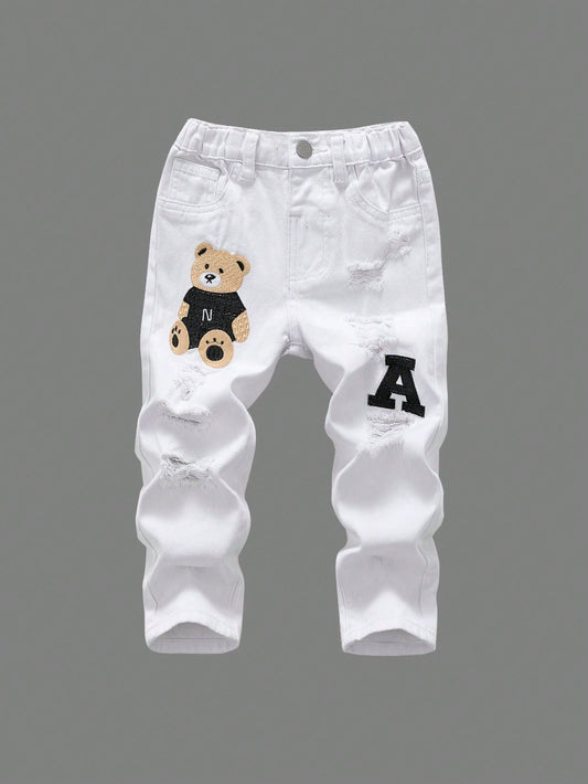 Streecool Kids Young Boys' White Loose Fit Jeans With Distressed And Embroidered Details