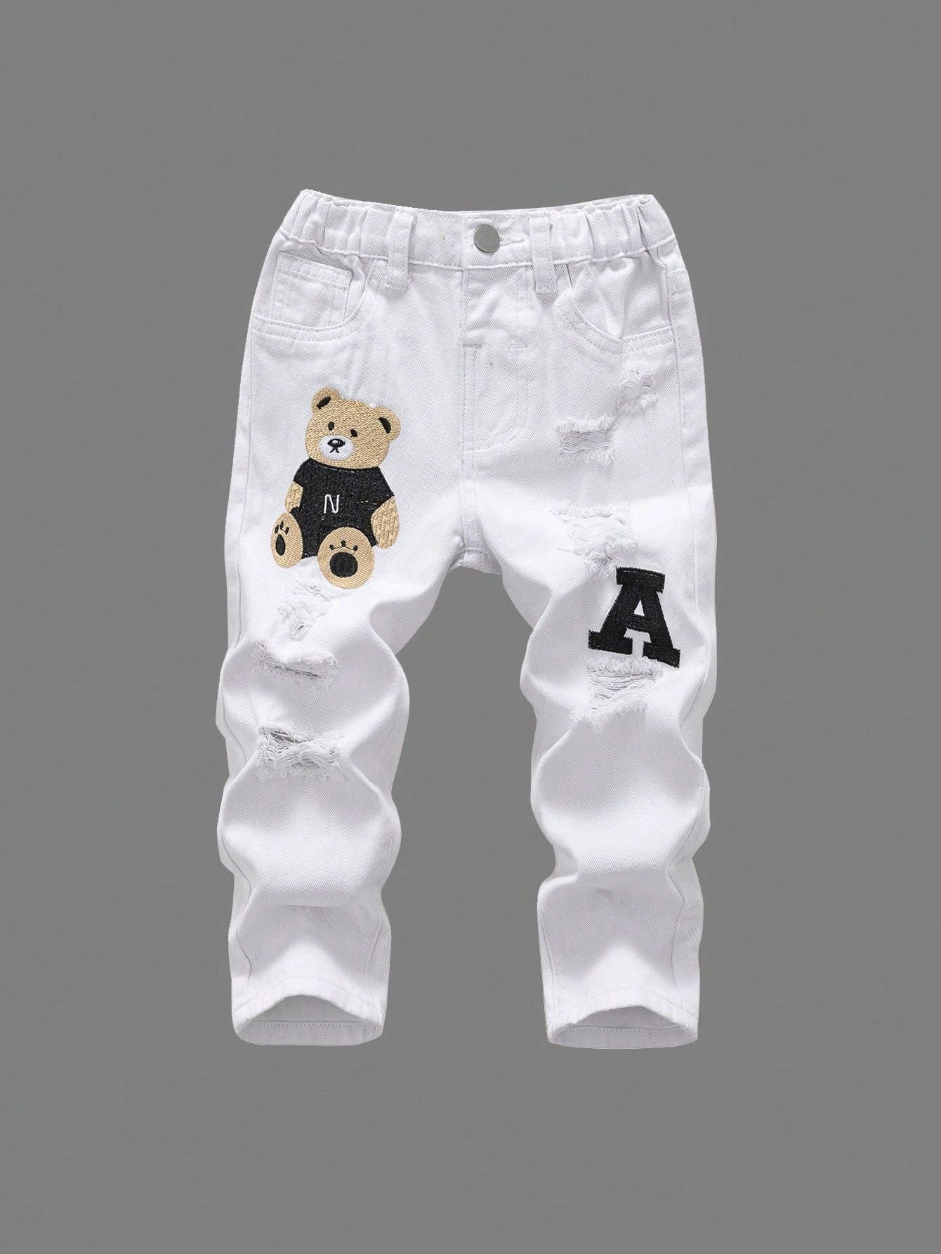 Young Boy Letter & Bear Patched Ripped Jeans