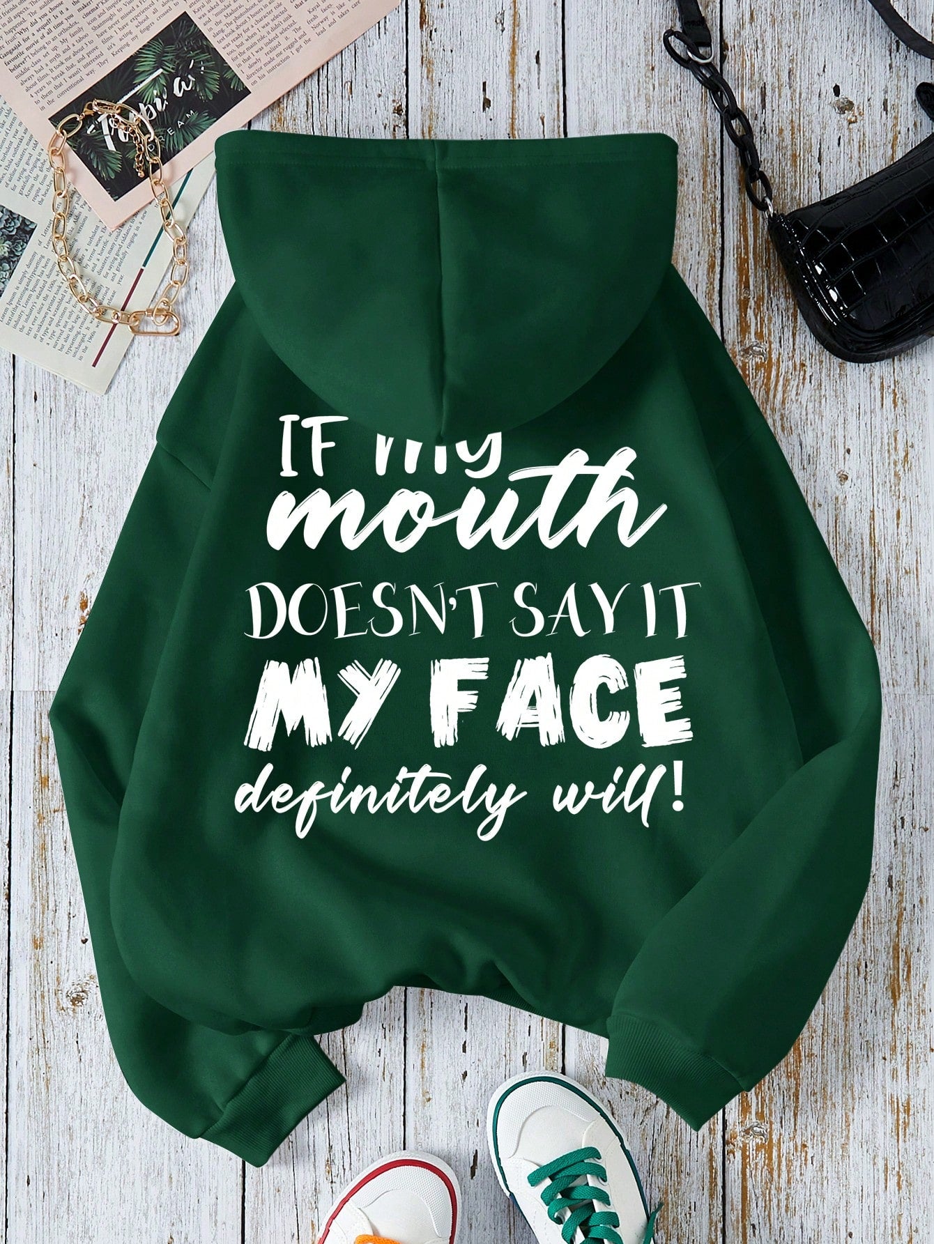 Slogan Graphic Kangaroo Pocket Drawstring Thermal Lined Hoodie