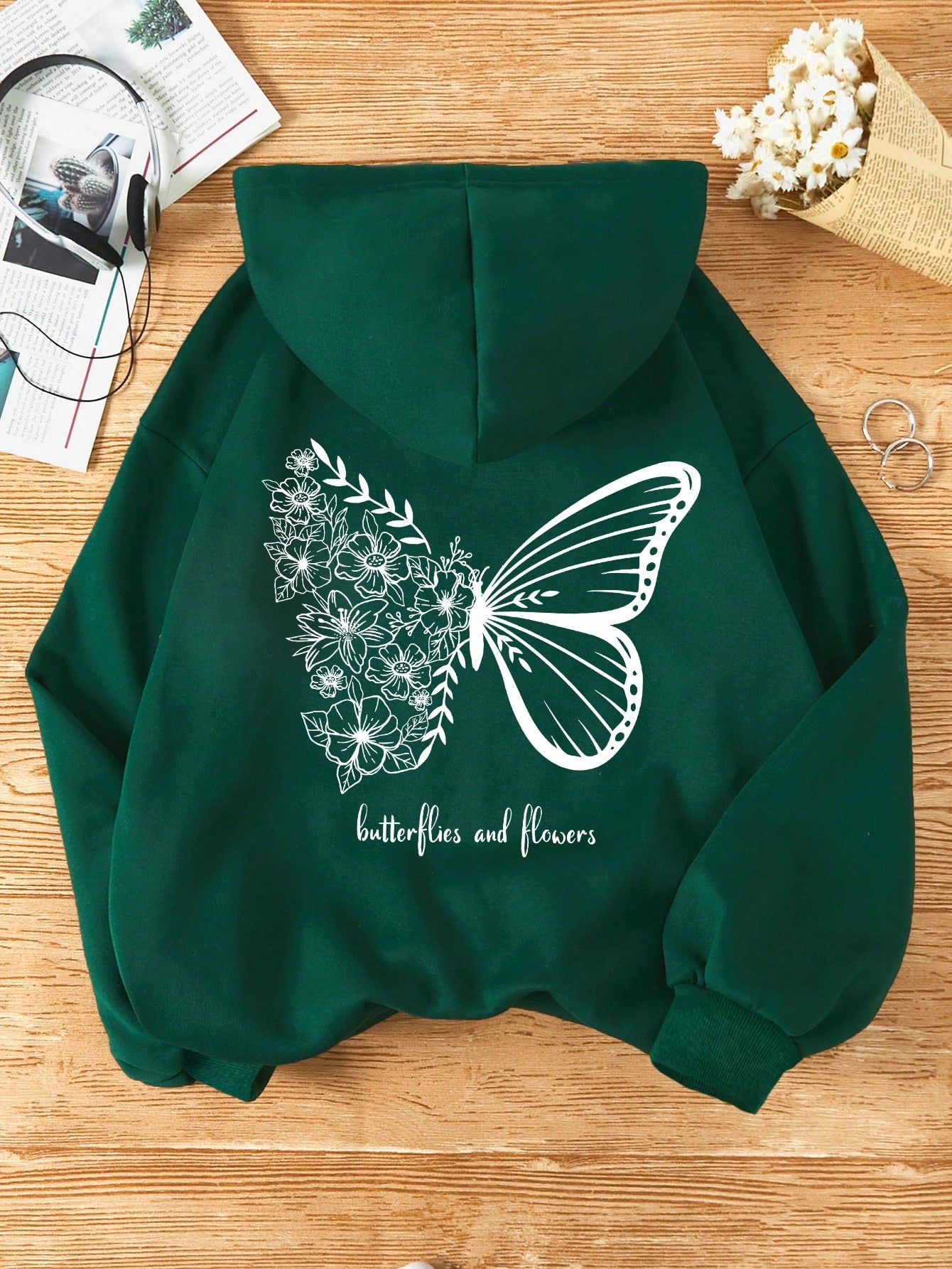 Butterfly & Slogan Graphic Drawstring Thermal Lined Hoodie Butterflies And Flowers