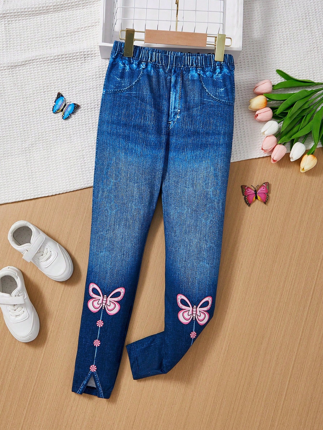 Tween Girl Butterfly Print Split Hem Leggings