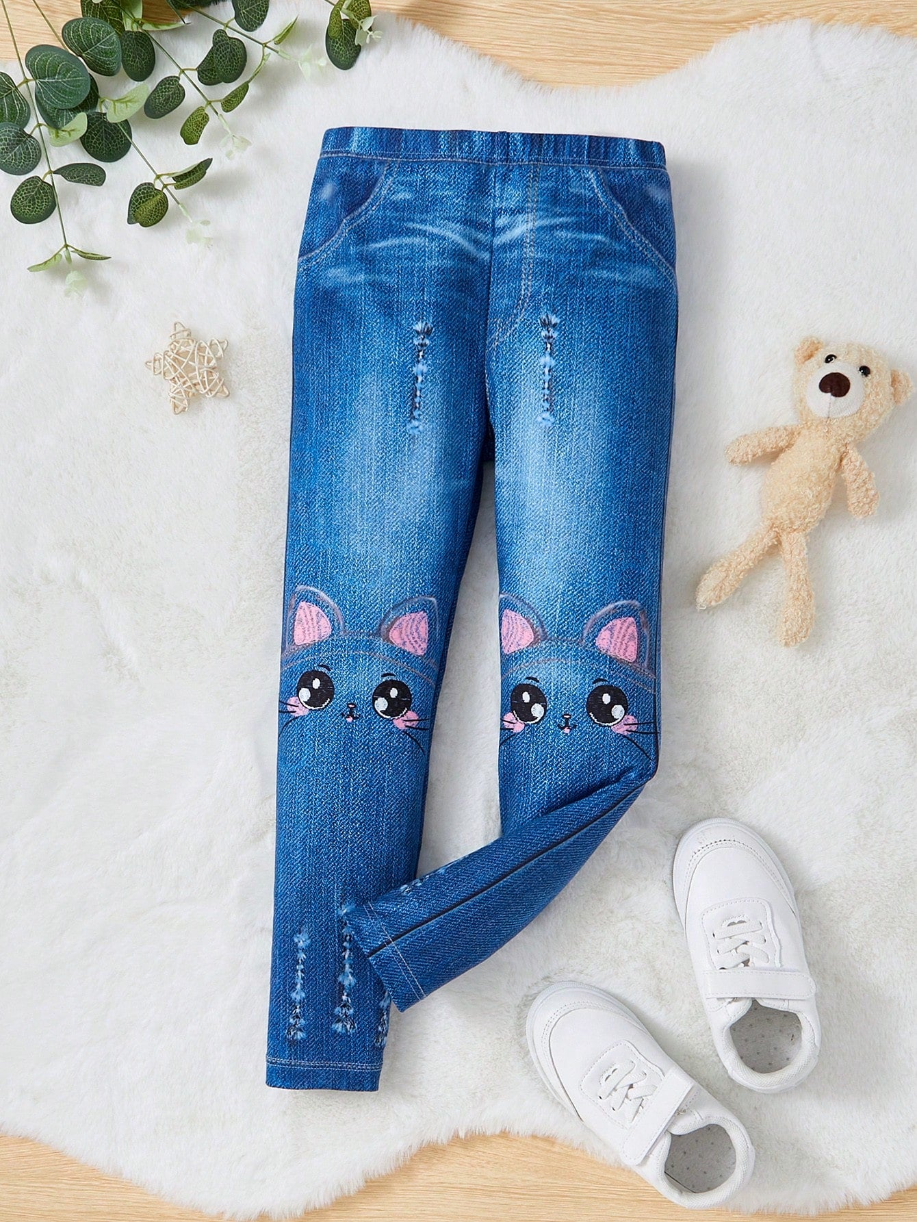 Young Girl Denim-Effect and Cartoon Graphic Leggings