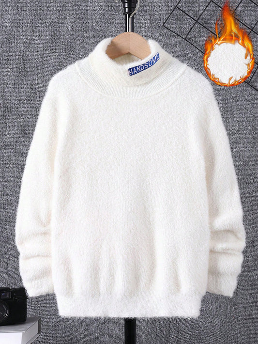 Boys' Loose Fit High Neck Long Sleeve Sweater With Letter Embroidery, Casual