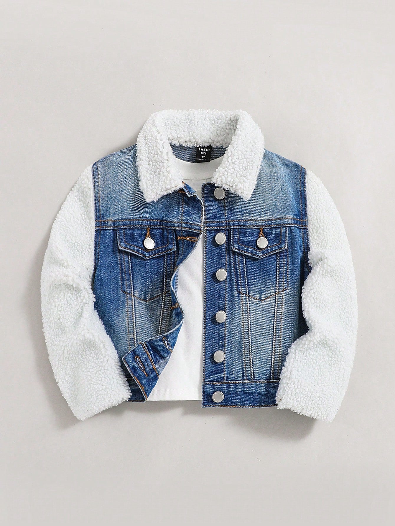 Young Girl Borg Collar Teddy Panel Denim Jacket Without Tee