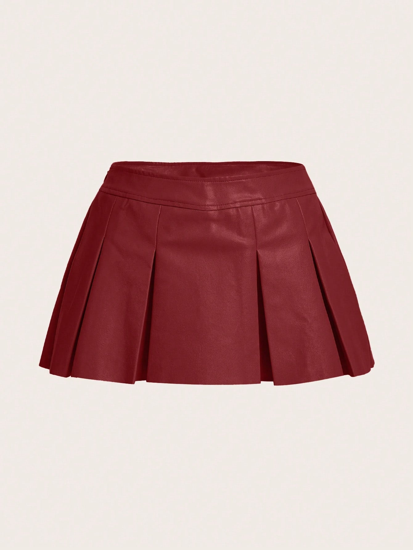 Red Solid PU Leather Pleated Mini Skirt