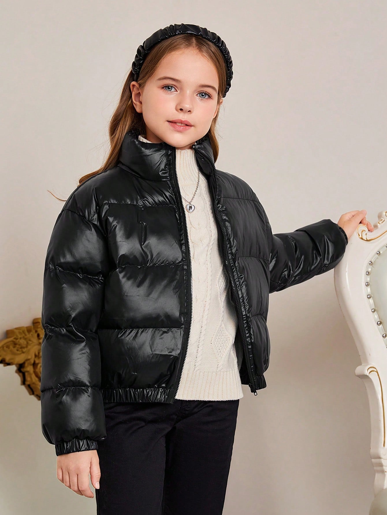 Tween Girl Woven Solid Color Thickened Loose Fit Short Jacket With Stand Collar For Casual