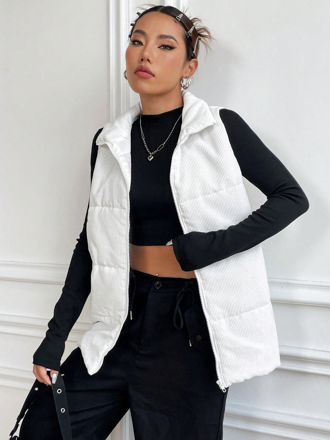 Spring Black Zip Up Puffer Vest Coat