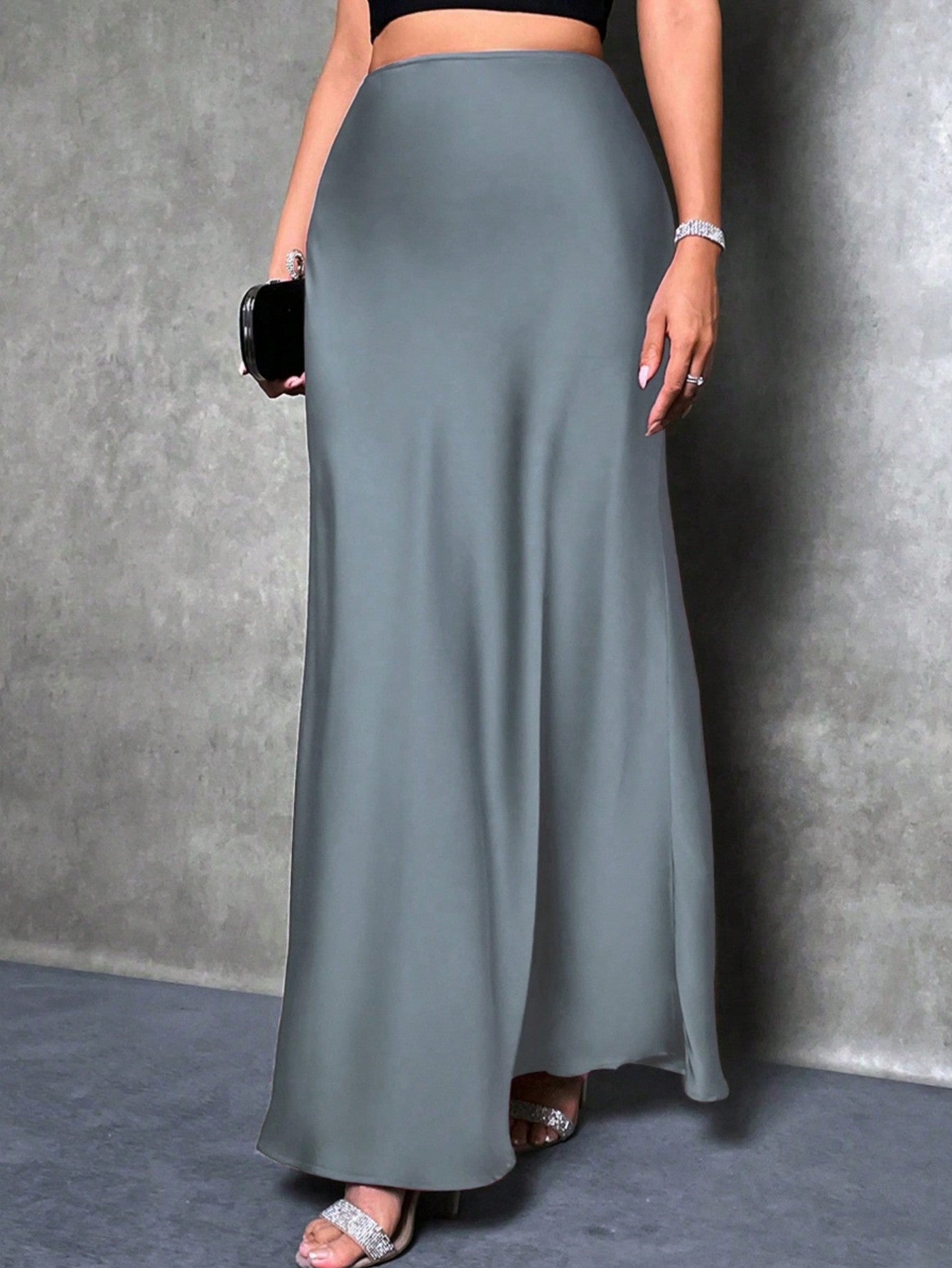 High Waist Solid Maxi Satin Skirt