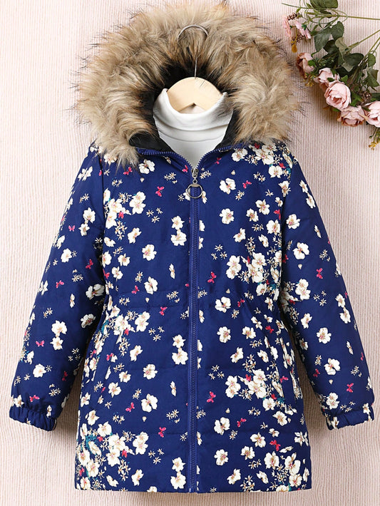 Tween Girls' Mid-Length Hooded Down Coat With Waist Belt & Floral Print