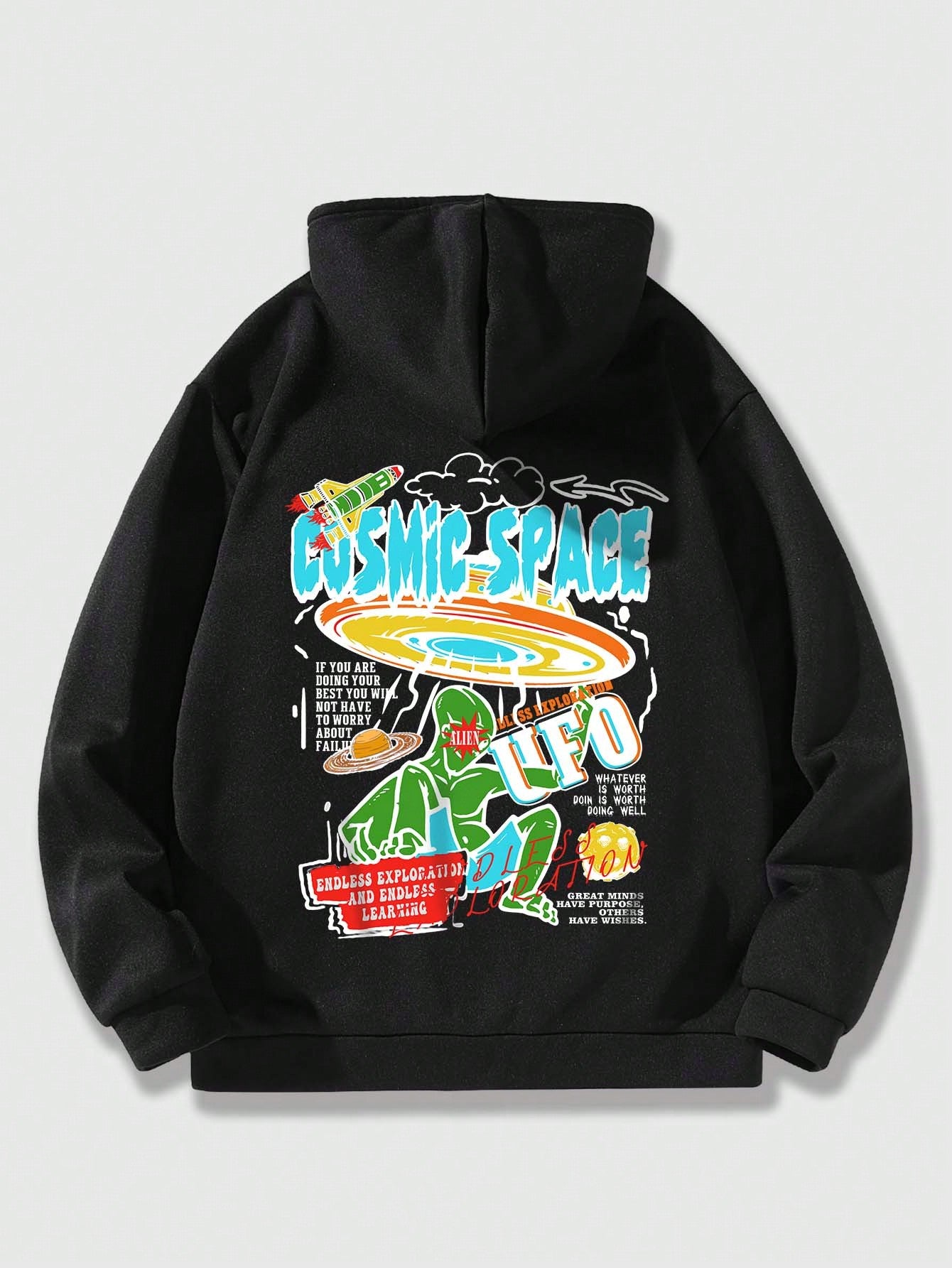 Street Life Men Cartoon & Slogan Graphic Drawstring Thermal Lined Hoodie