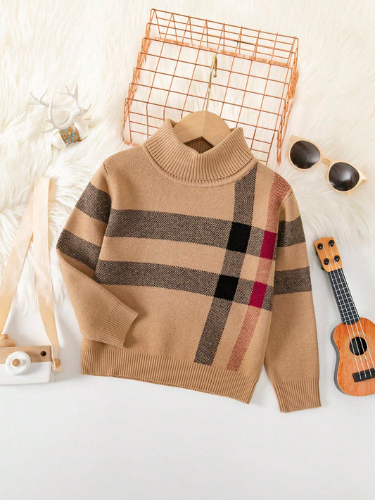 Young Boy Plaid Pattern Turtleneck Sweater