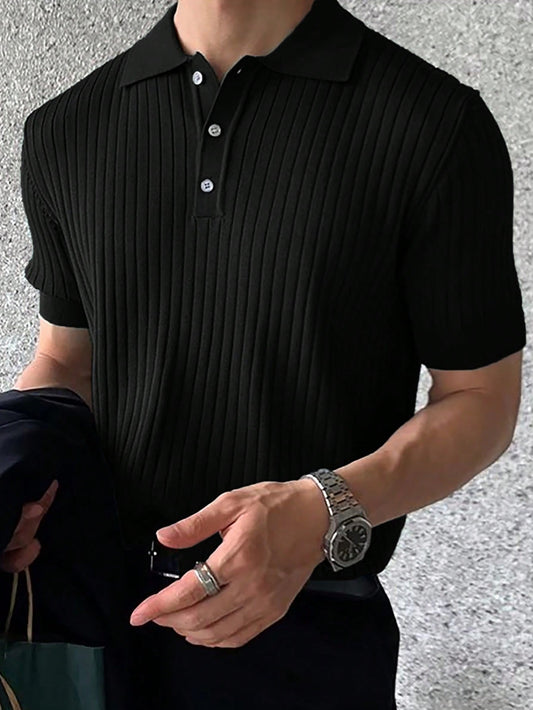 Men Polo Neck Ribbed Knit Top