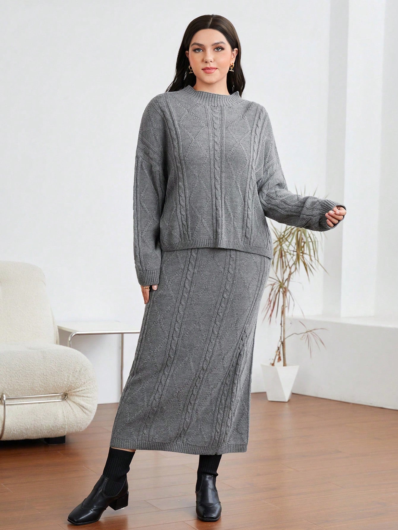 Mulvari Plus Cable Knit Drop Shoulder Sweater & Knit Skirt