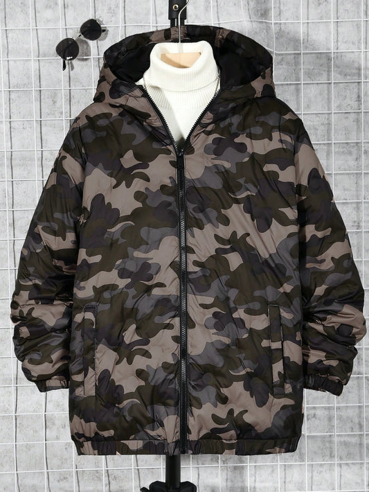 Tween Boy Camo Print Zip Up Hooded Winter Coat Without Sweater