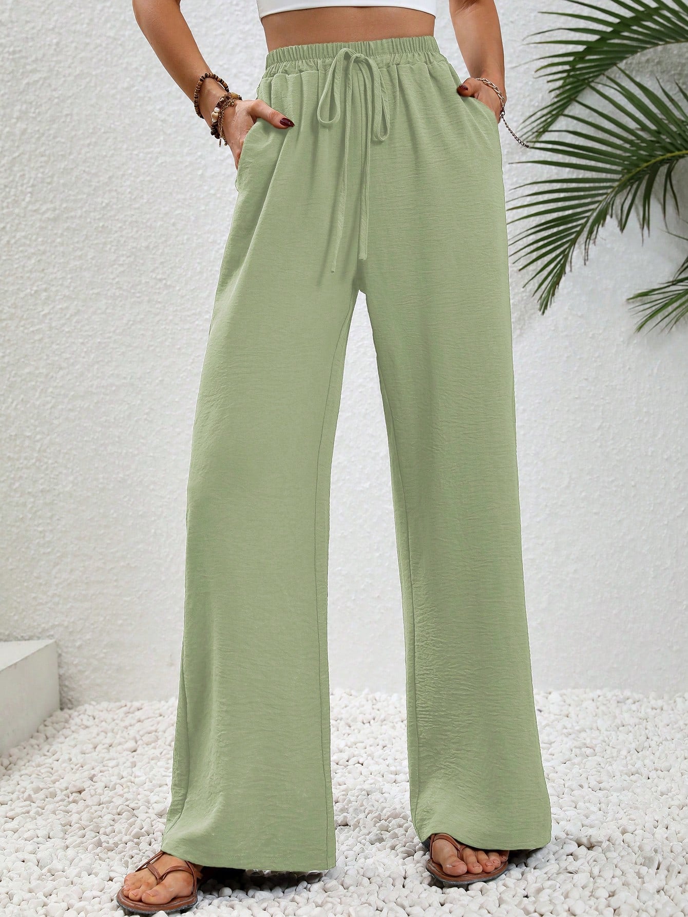 Women's Solid Color Waist-Tied Straight-Legged Wide Casual Pants With Pockets