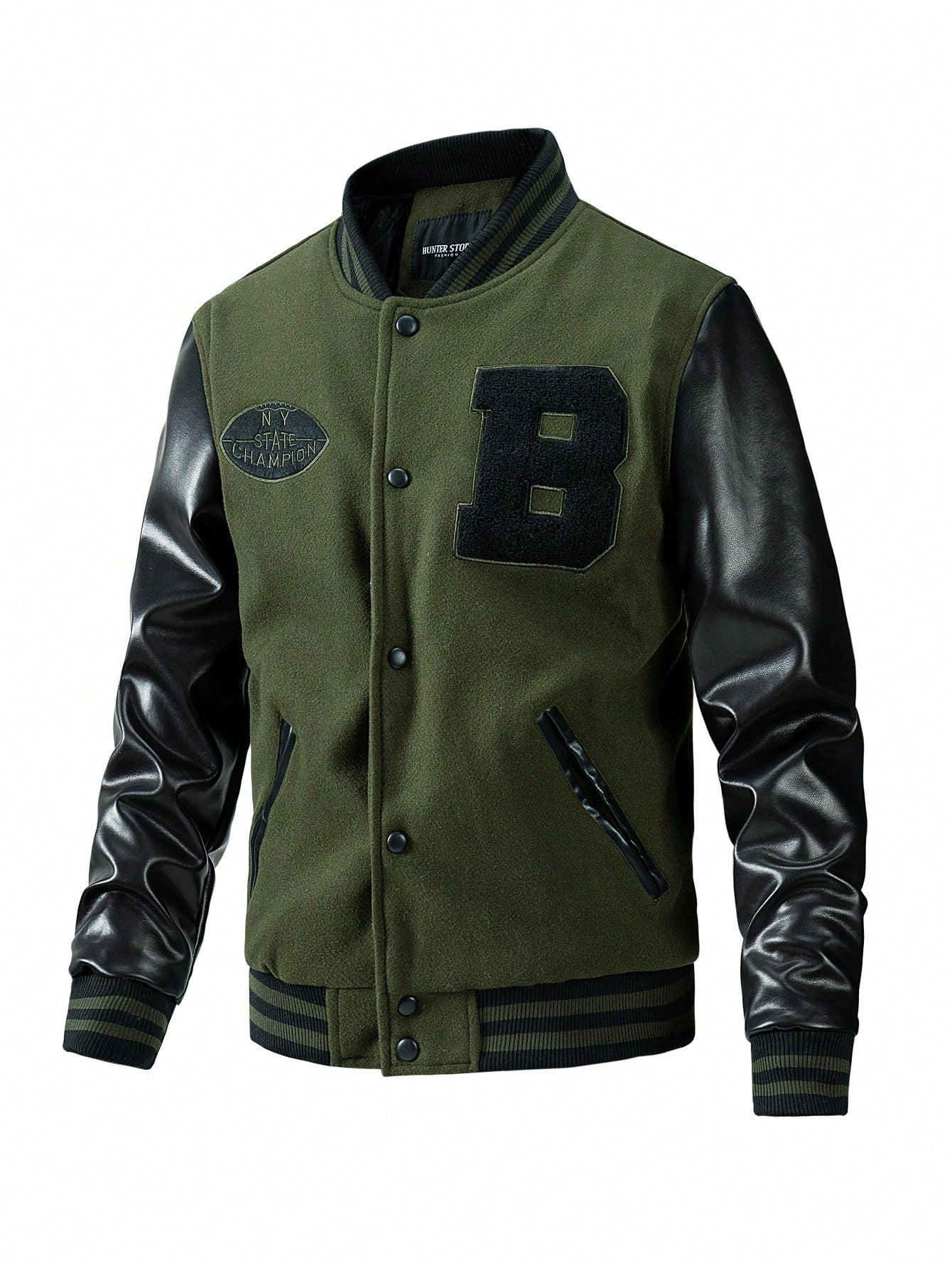 Men Letter Patched Striped Trim PU Leather Sleeve Jacket