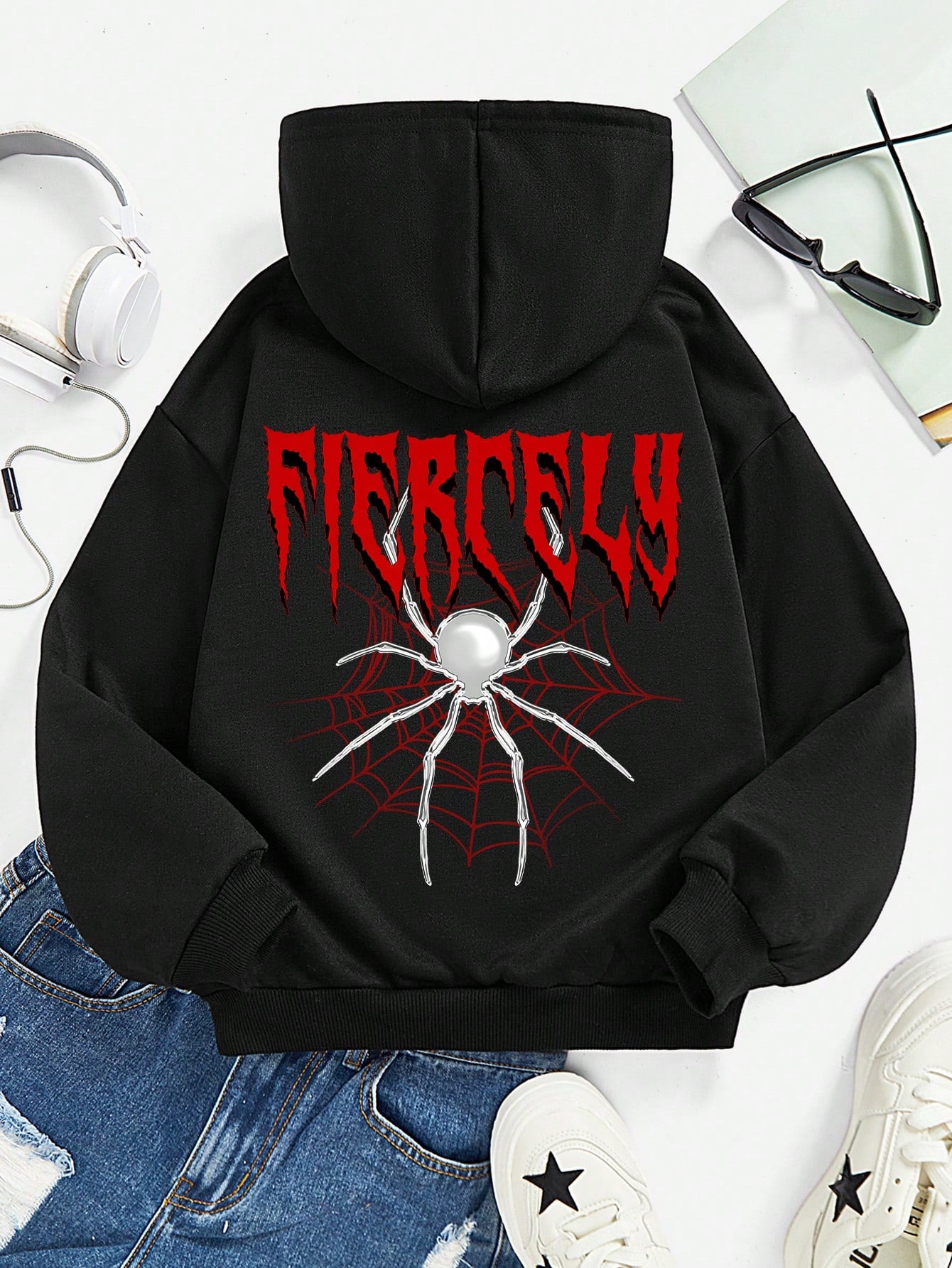 Teen Girl Spider & Letter Graphic Hoodie