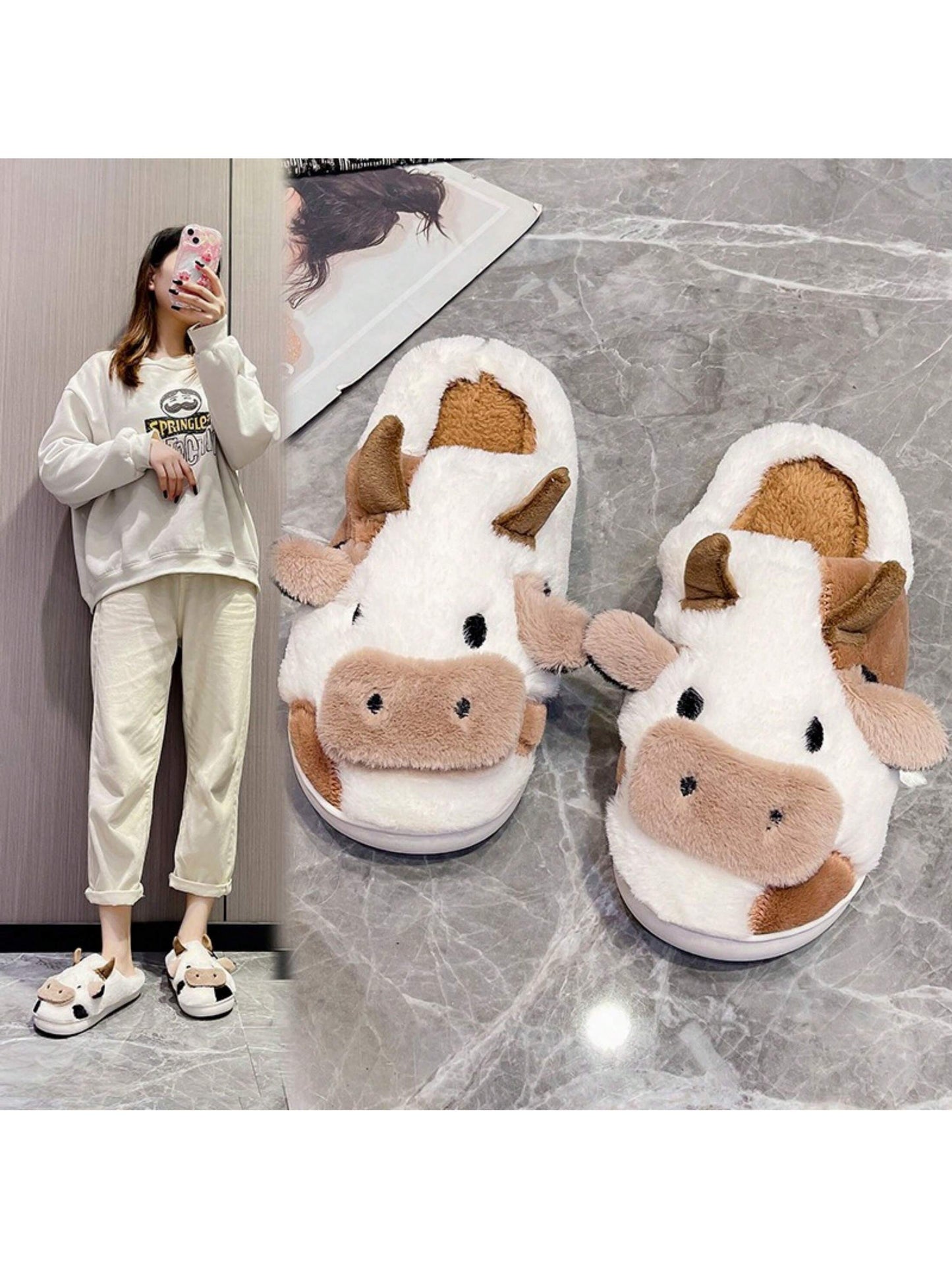 Cow Slippers For Women Fuzzy Plush Animal Slippers Winter Warm Cozy House Slippers Soft Thick Sole Shoes Furry Home Sliders For Indoor Outdoor