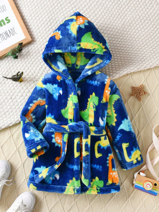 Young Boy Dinosaur Print Hooded Belted Fleece Coat