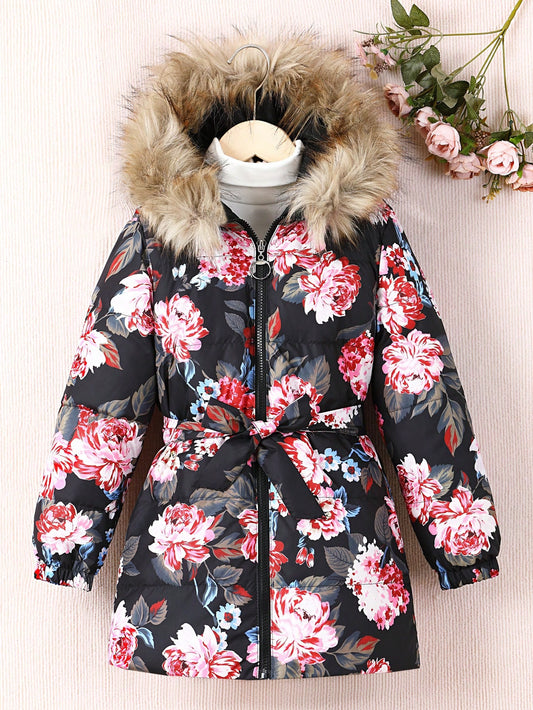 Tween Girl Floral Print Fuzzy Trim Hooded Belted Padded Coat Without Sweater