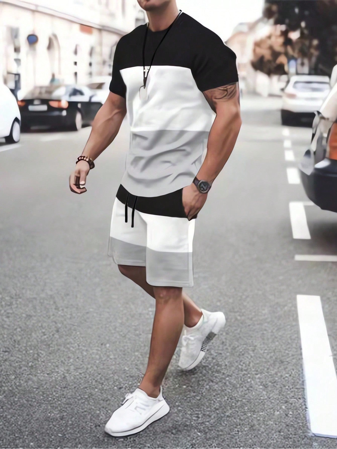 Men Color Block Tee & Drawstring Waist Shorts