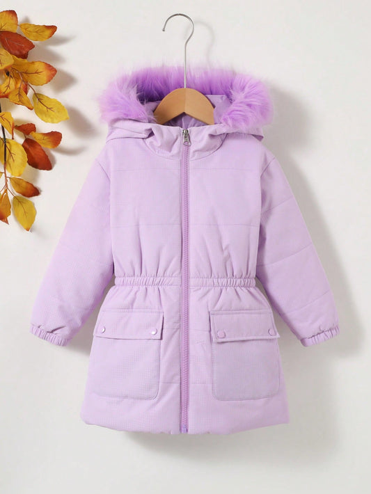 Young Girl Flap Pocket Fuzzy Trim Hooded Padded Coat