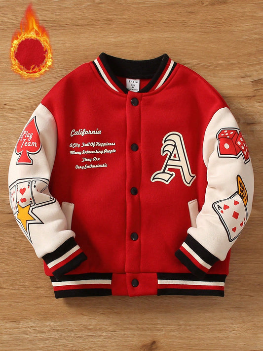 Young Boy Letter & Playing Card Graphic Striped Trim Varsity Jacket