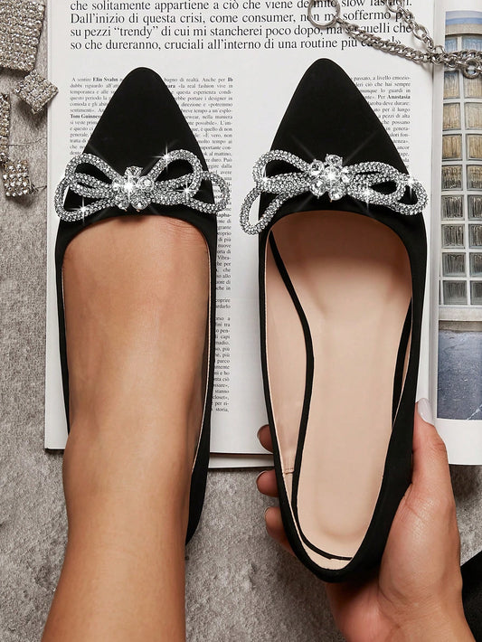 Rhinestone & Bow Decor Point Toe Flats