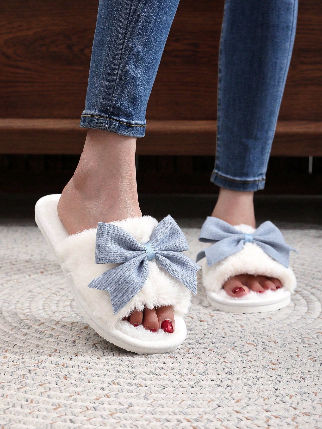 Women's Spring And Autumn Comfortable Open Toe Slippers With Bowknot, Winter Warm Plush Home Slippers For Indoor Use