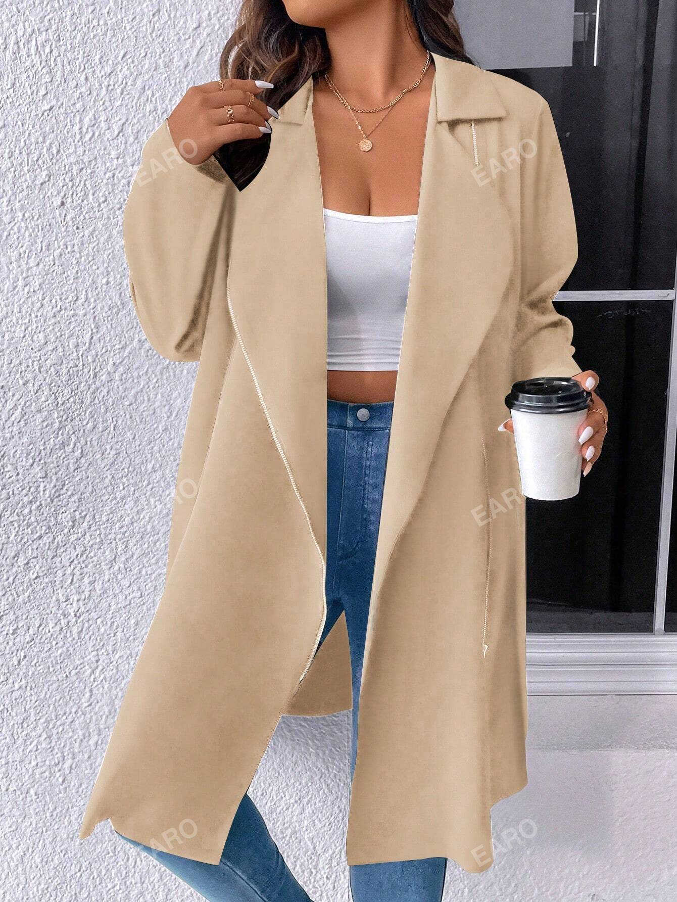 Plus Lapel Neck Open Front Belted Trench Coat