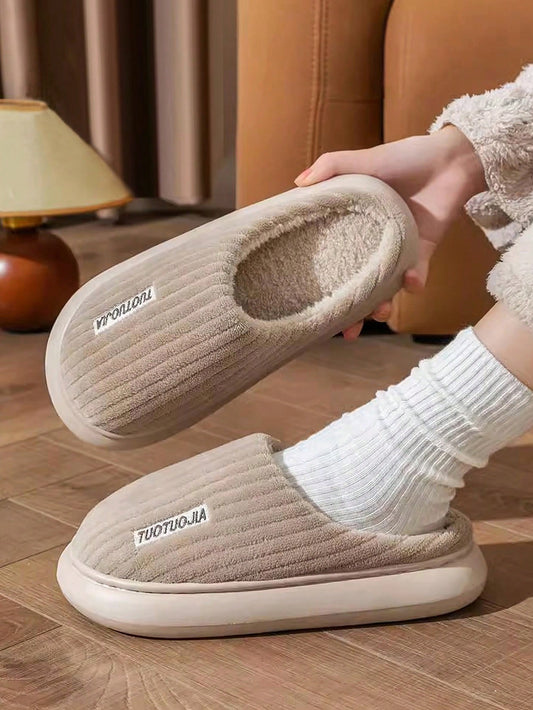 Comfortable Stripe Pattern Thickened Plush Slippers, Non-slip, Indoor, Thick-soled, Warm, Home Shoes