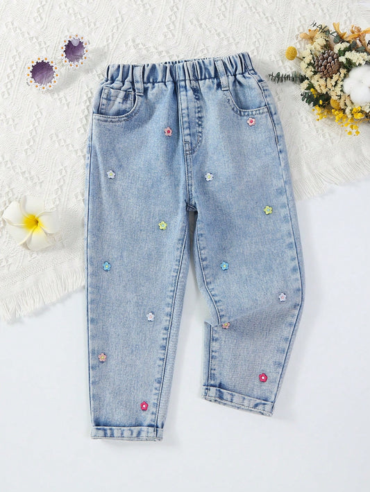 Young Girl Floral Embroidery Washed Jeans