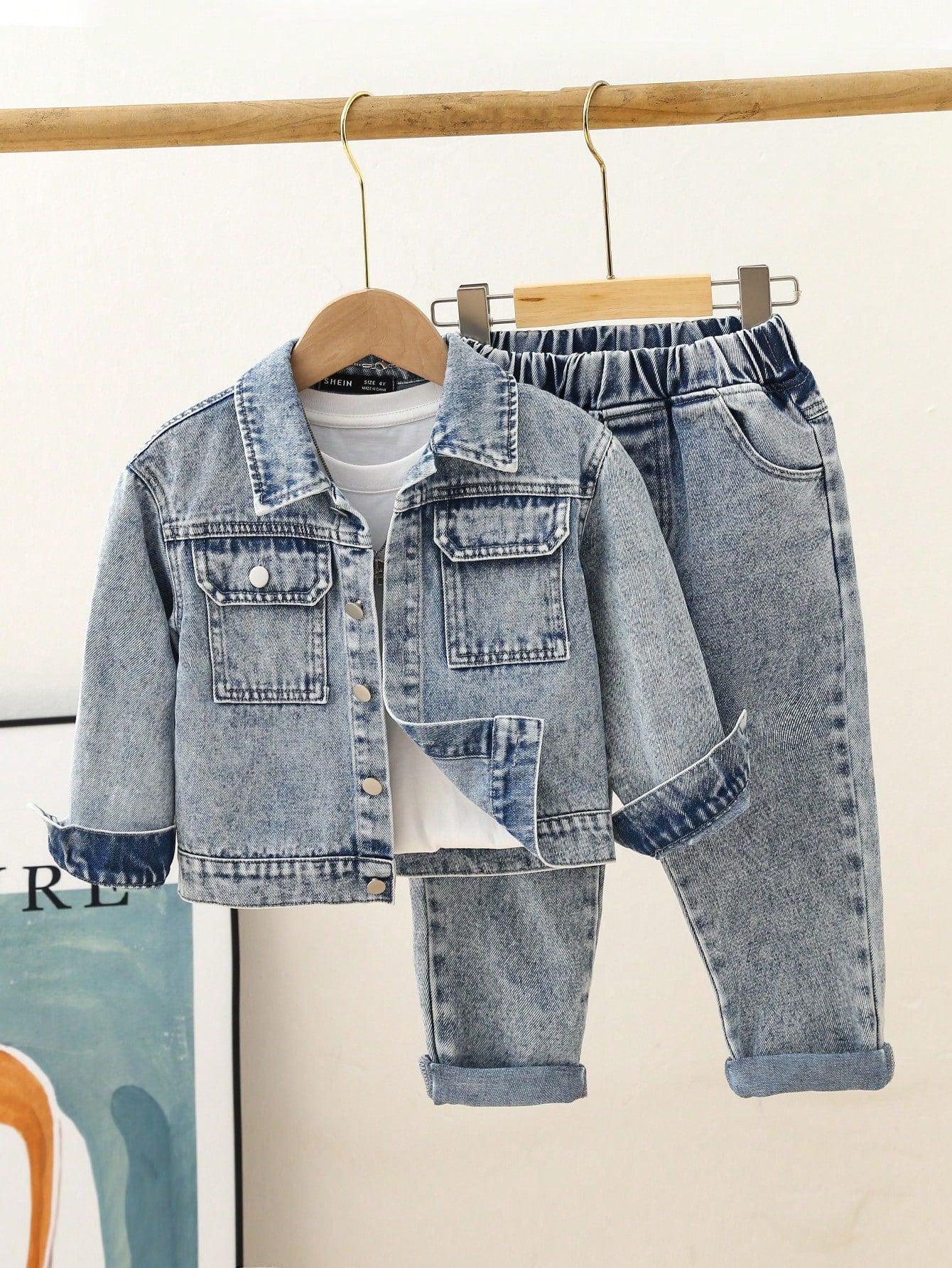 Kids Young Boy 1pc Flap Pocket Denim Jacket & 1pc Jeans