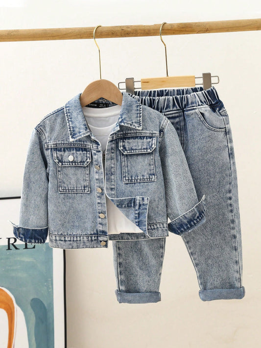 Kids Young Boy 1pc Flap Pocket Denim Jacket & 1pc Jeans