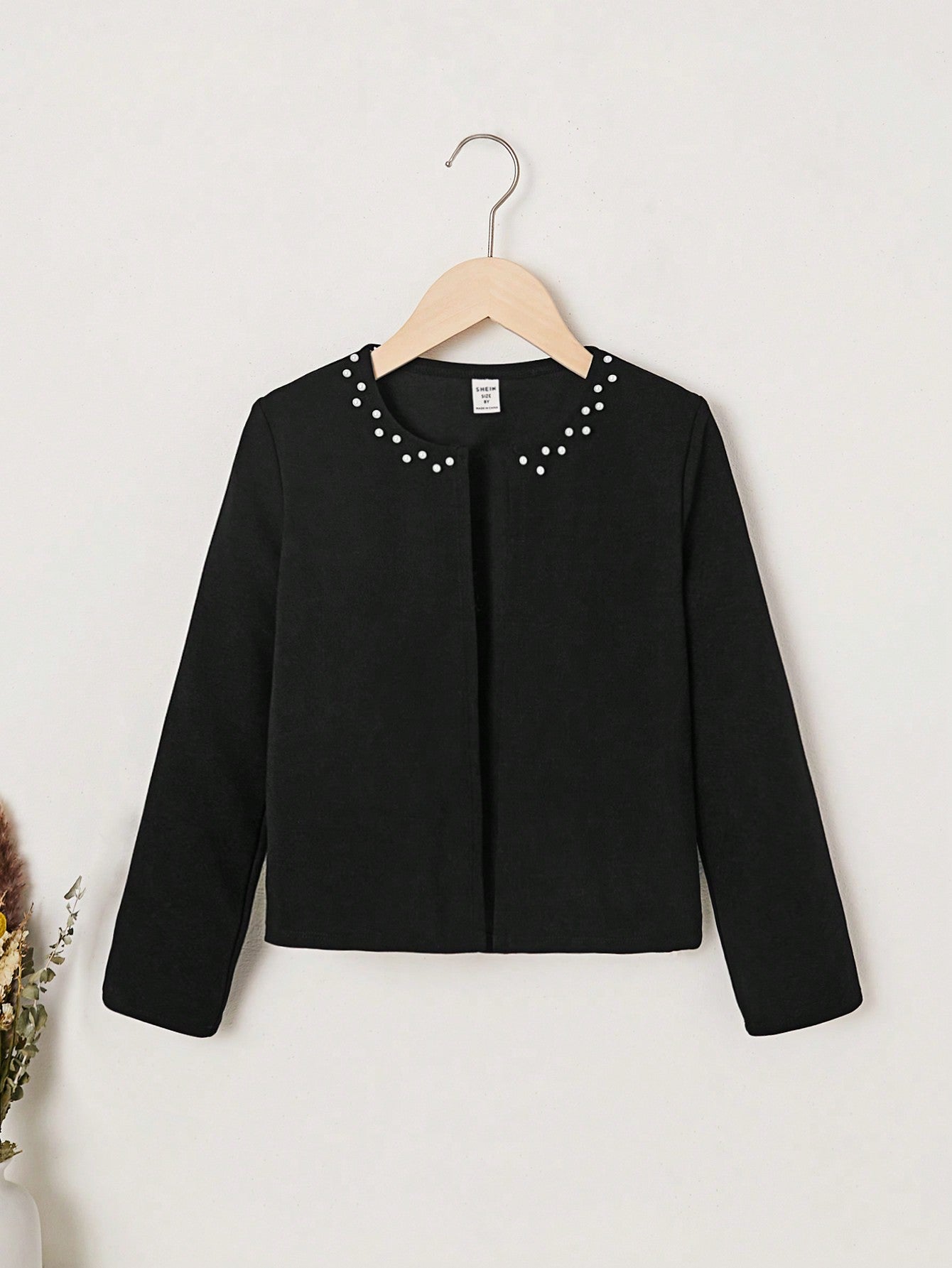 Tween Girl Casual Beaded Knitted Jacket Without Collar For Autumn And Winter